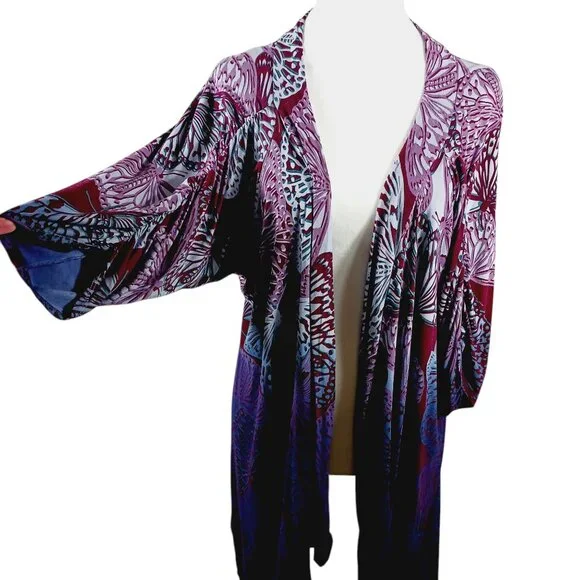 One World, Large, Butterfly Print Wrap, Ruched Sleeves, Blue/Purple/Maroon, Boho - Picture 6 of 16